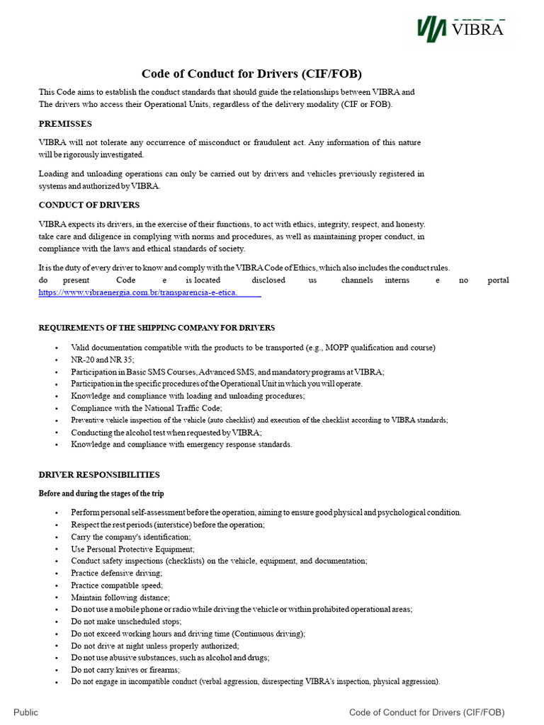 VIBRA Driver Conduct Code Guidelines | PDF | Driving | Regulatory ...