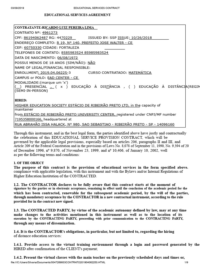 Educational Services Contract for EAD | PDF | Fee | Credit