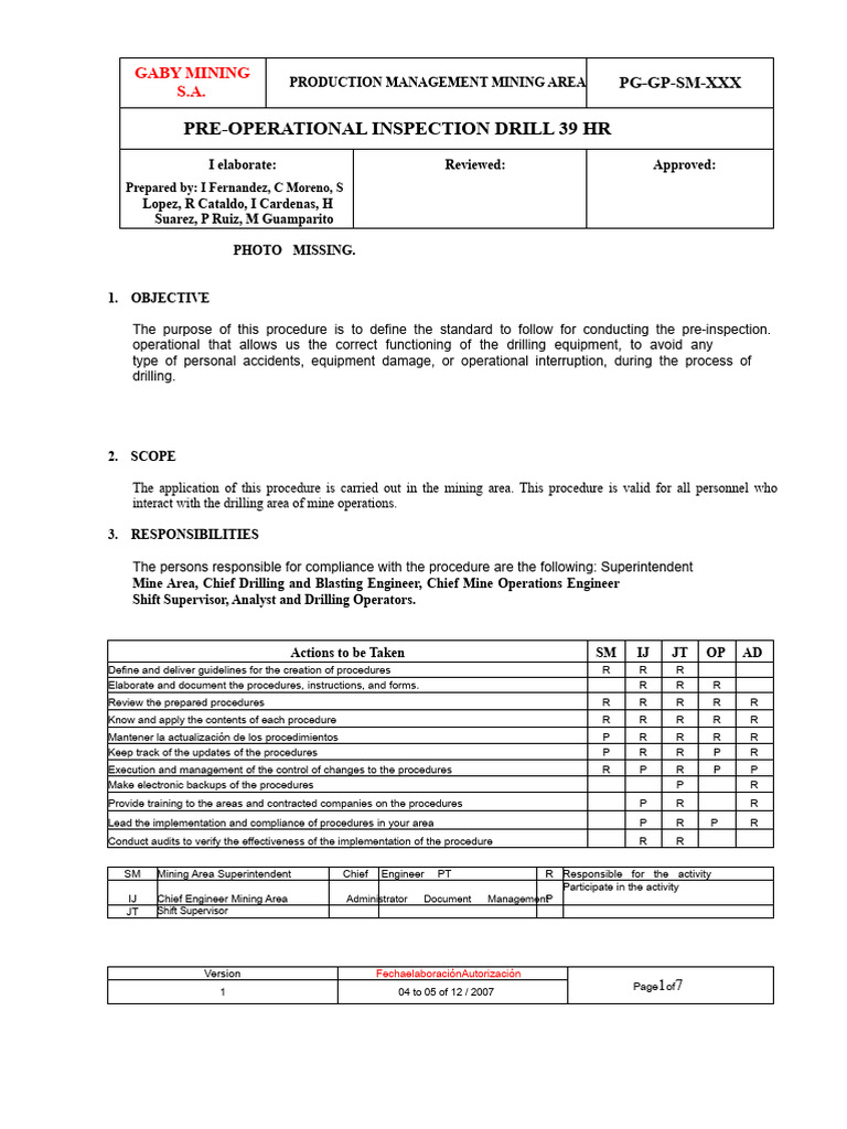 Pre-Operational Drill Inspection Procedure | PDF | Personal Protective ...