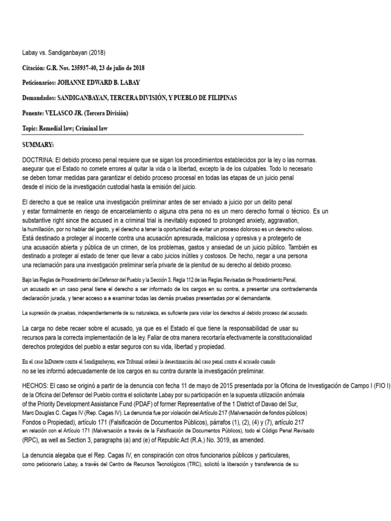Labay vs. Sandiganbayan Resumen | PDF | Debido al proceso | Violación