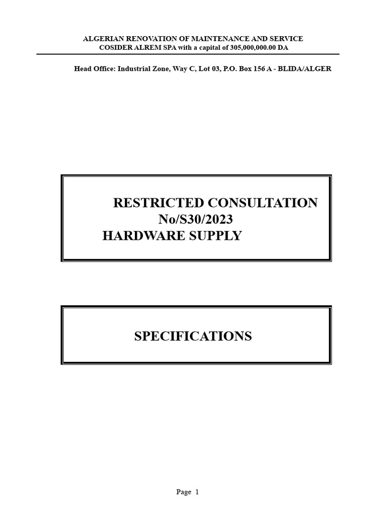 Algerian Hardware Supply Specifications | PDF | Specification ...