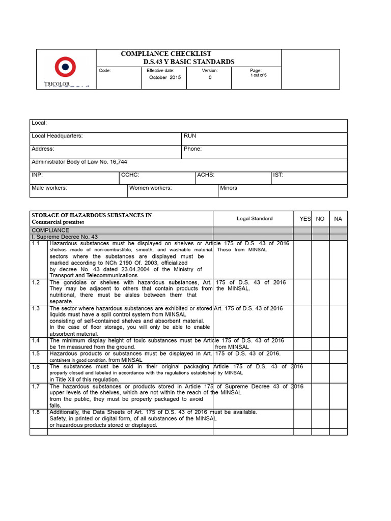 Hazardous Substance Compliance Checklist | PDF | Dangerous Goods ...