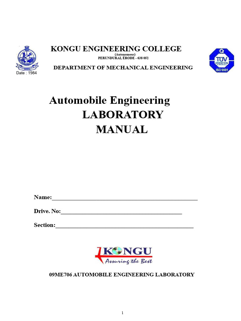 Automobile Engineering Laboratory Manual | PDF | Axle | Clutch