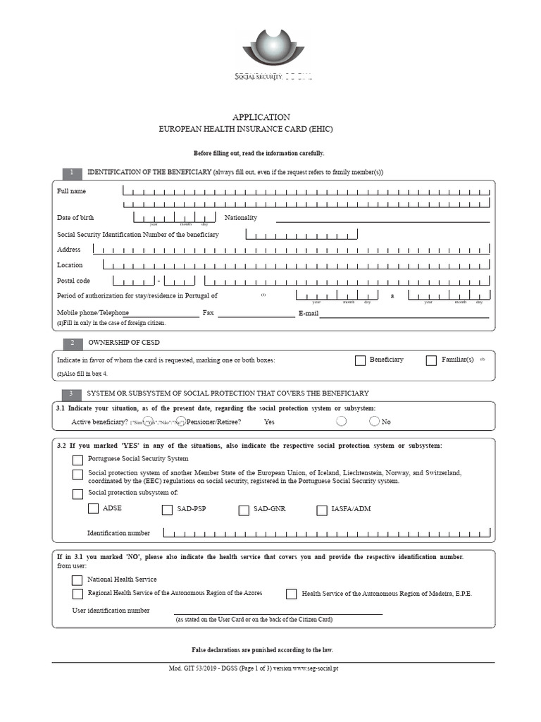 EHIC Application Form for Portugal | PDF | Identity Document