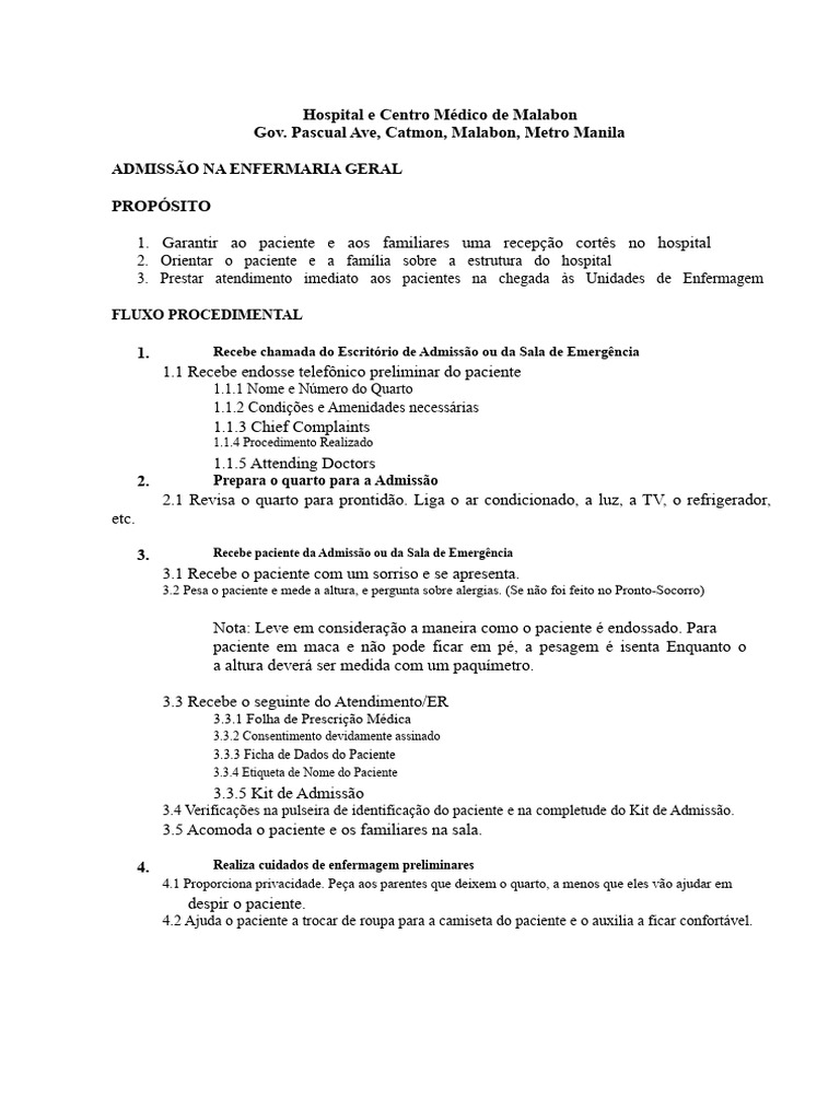 Admissão na Enfermaria Geral do Hospital | PDF | Enfermagem | Hospital