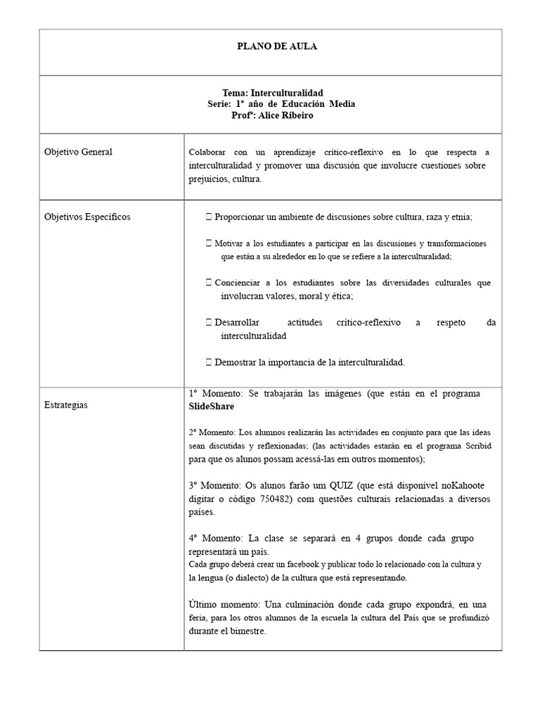 Plan de Aula sobre Interculturalidad | PDF | Salón de clases | Aprendizaje