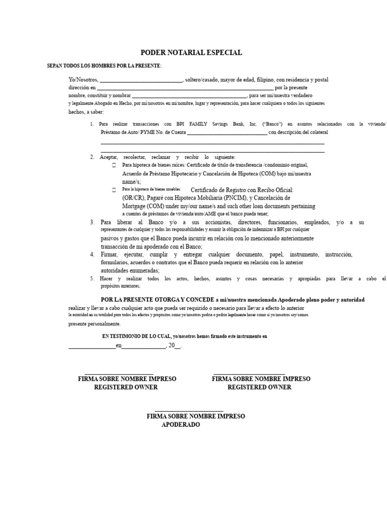 Poder Notarial Especial para Transacciones Bancarias | PDF | Hipotecas