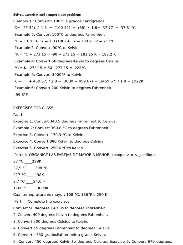 Temperature Conversion Exercises and Solutions | PDF | Fahrenheit ...