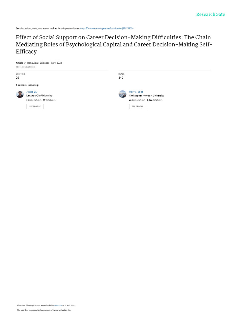 FinalPublication Behavsci 14 00318 | PDF | Social Support | Self Efficacy