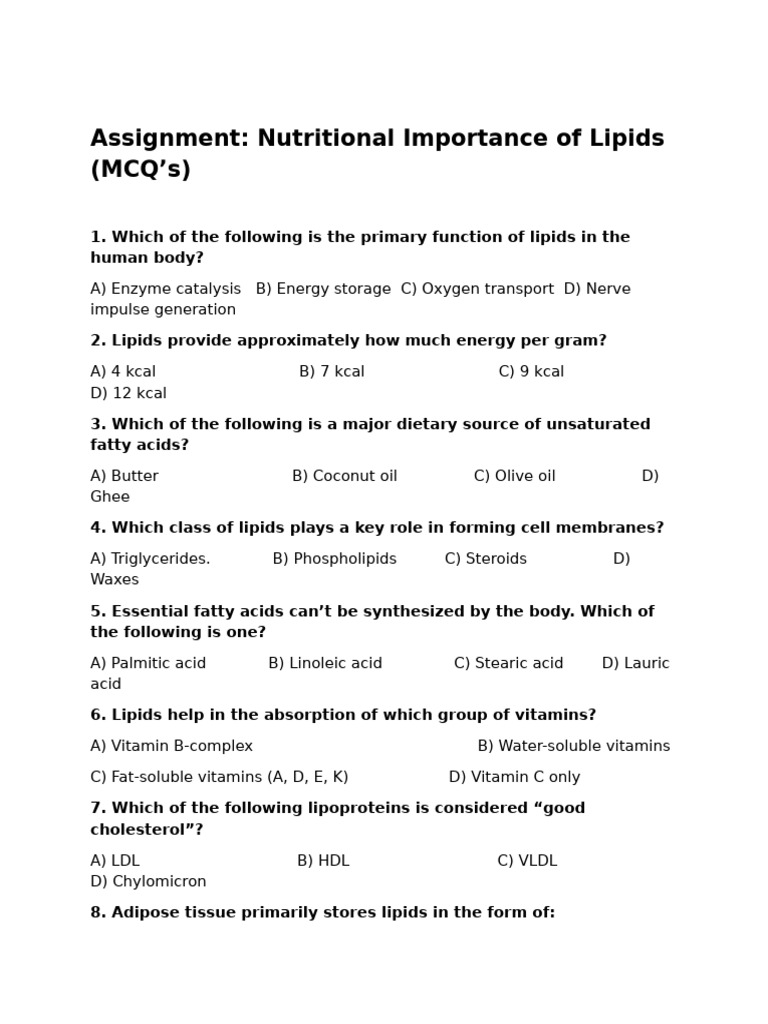 Nutritional Role of Lipids MCQs | PDF | Lipid | Cholesterol