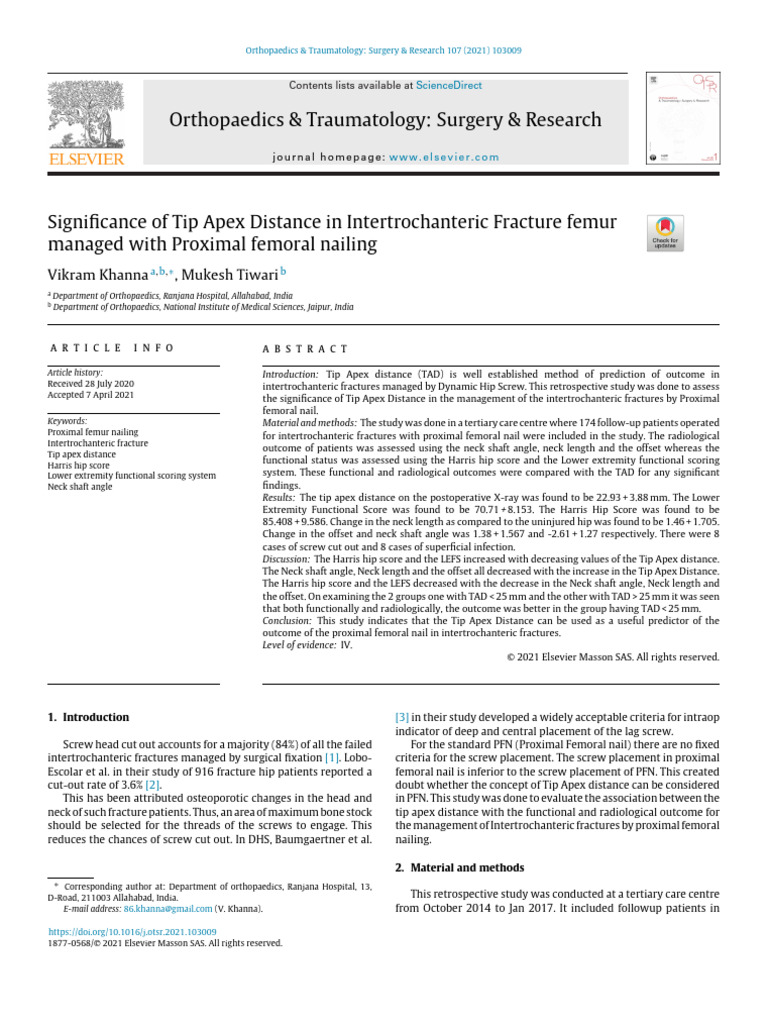 Tip Apex Distance in Femoral Nailing | PDF | Hip | Orthopedic Surgery