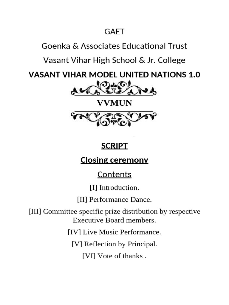 VVMUN 1.0 Closing Ceremony Script | PDF