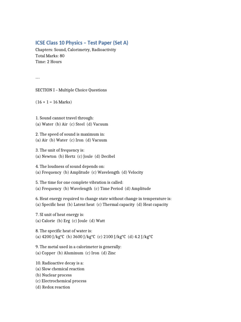 ICSE Class 10 Physics Test SetA | PDF | Ionizing Radiation | Neutron
