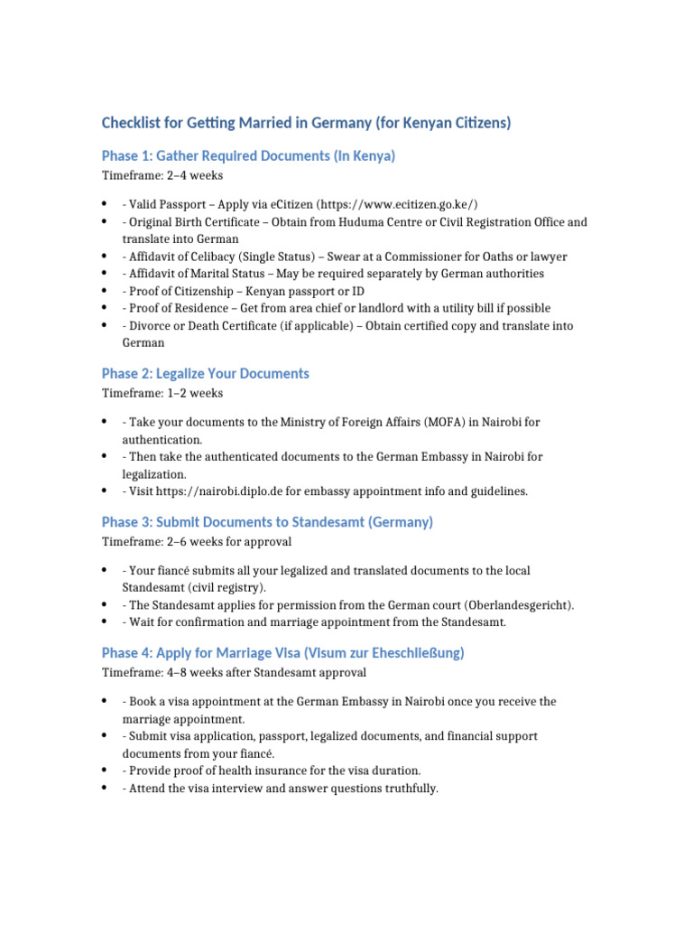 Kenyan to Germany Marriage Checklist | PDF