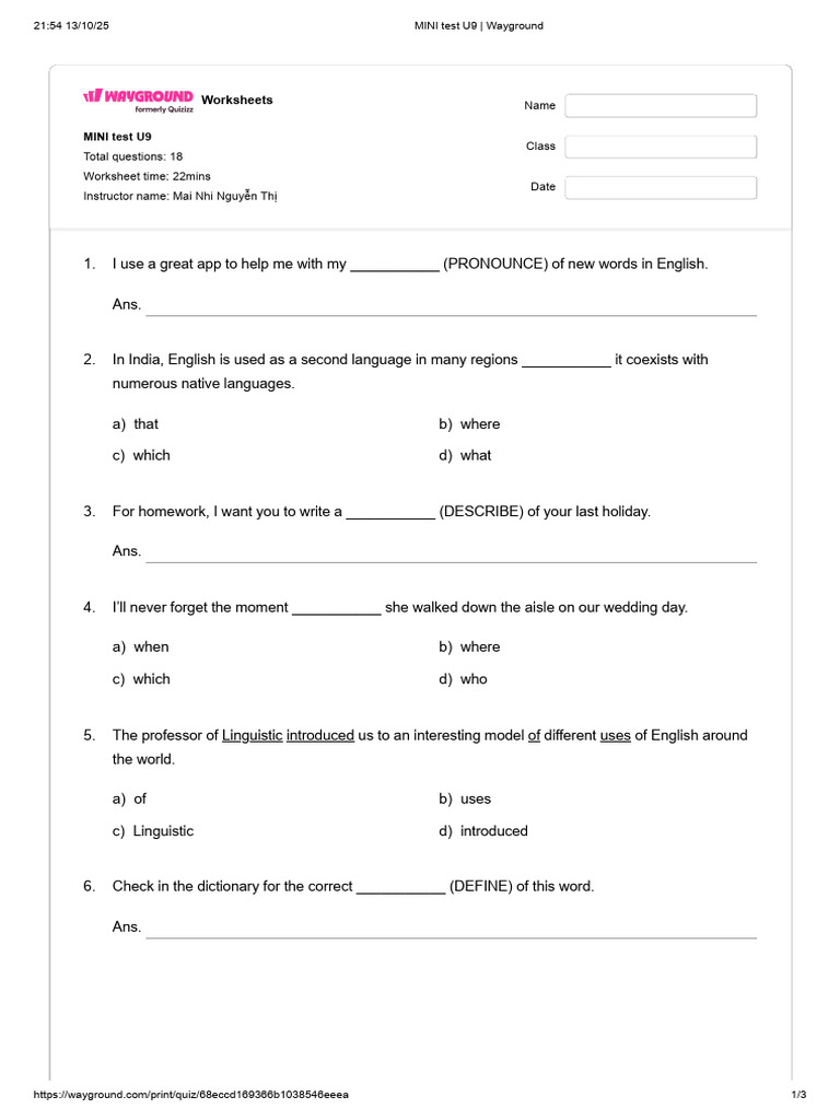 MINI Test U9 _ Wayground | PDF | English Language | Linguistics