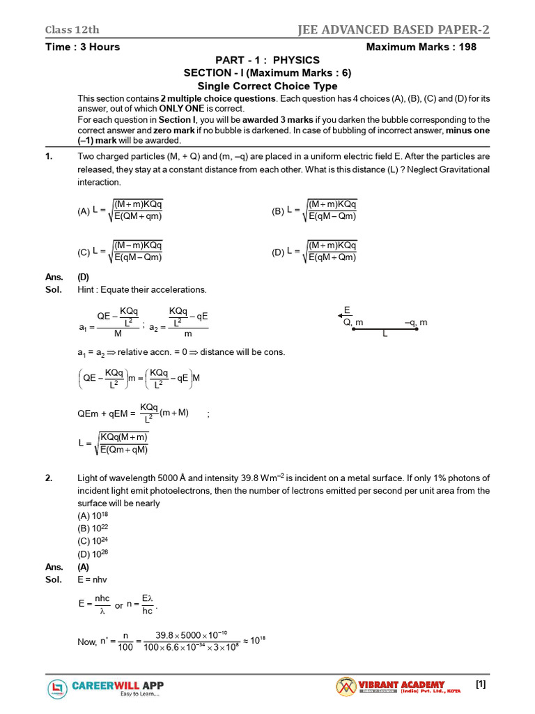 JEE Advanced Physics Paper 2 Solutions | PDF | Physical Quantities ...