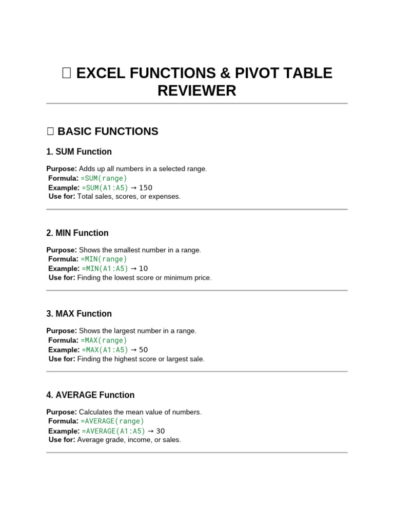 Excel Functions and Pivot Table Guide | PDF | Mathematics