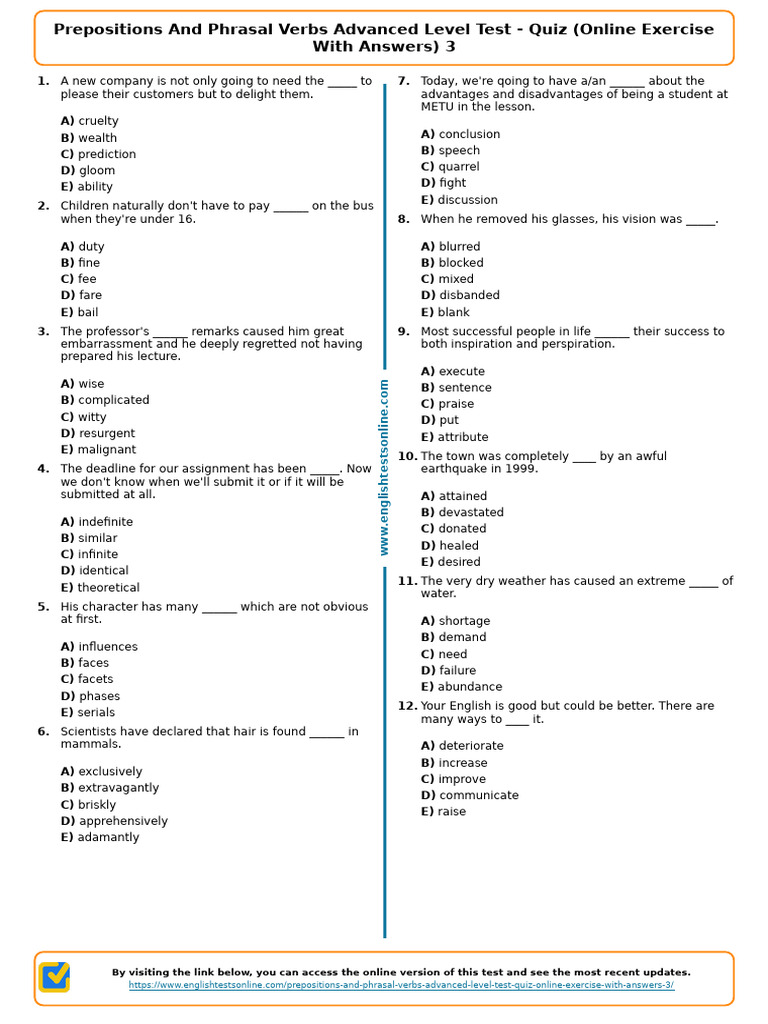 Advanced Prepositions Quiz with Answers | PDF