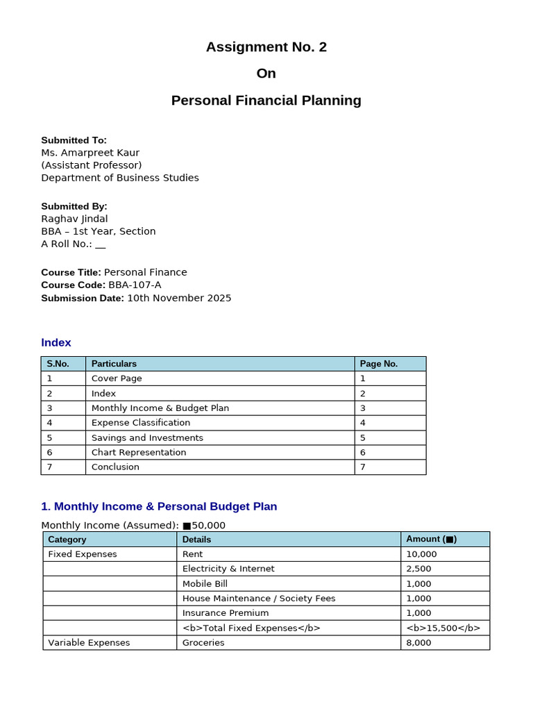Personal Finance Project Raghav Jindal With Piechart | PDF | Saving ...