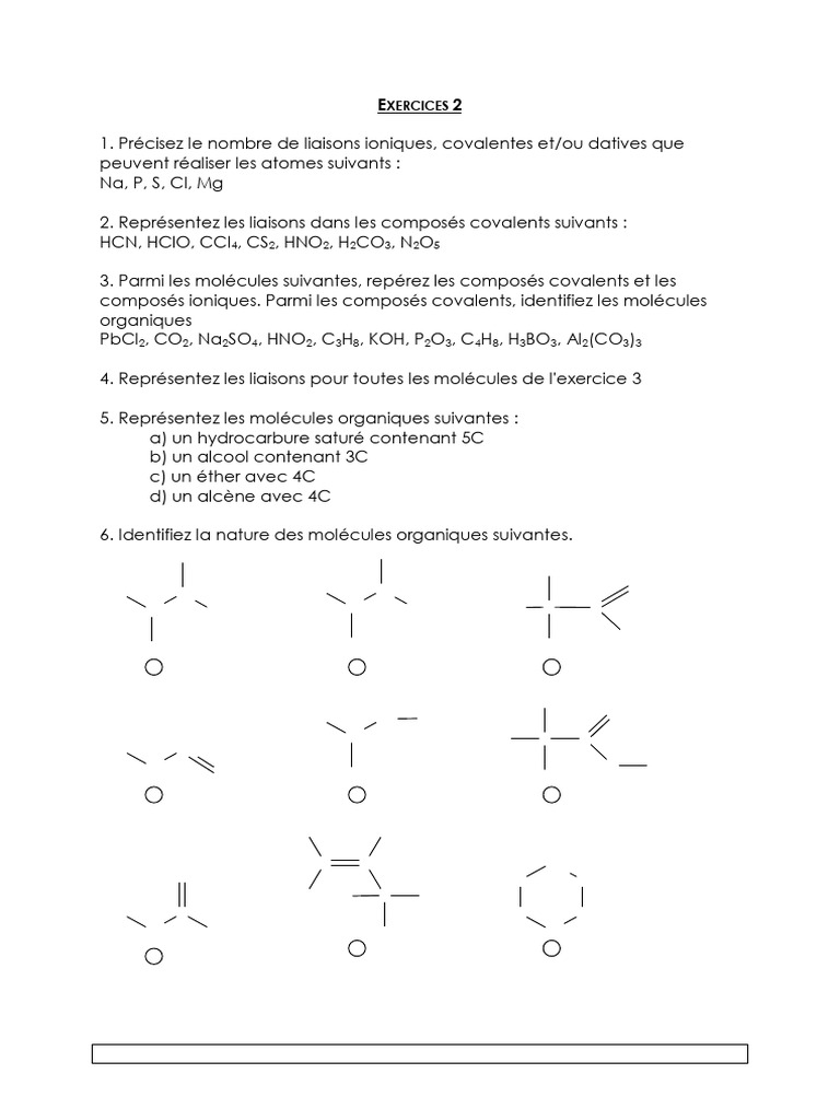 Exercices de chimie : liaisons et molécules | PDF | Liaison chimique ...