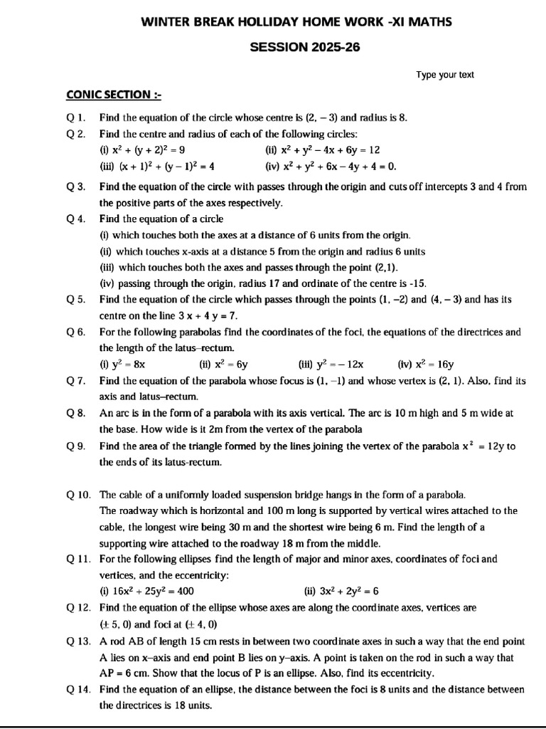 Conic Sections Homework for XI Maths | PDF | Ellipse | Analytic Geometry