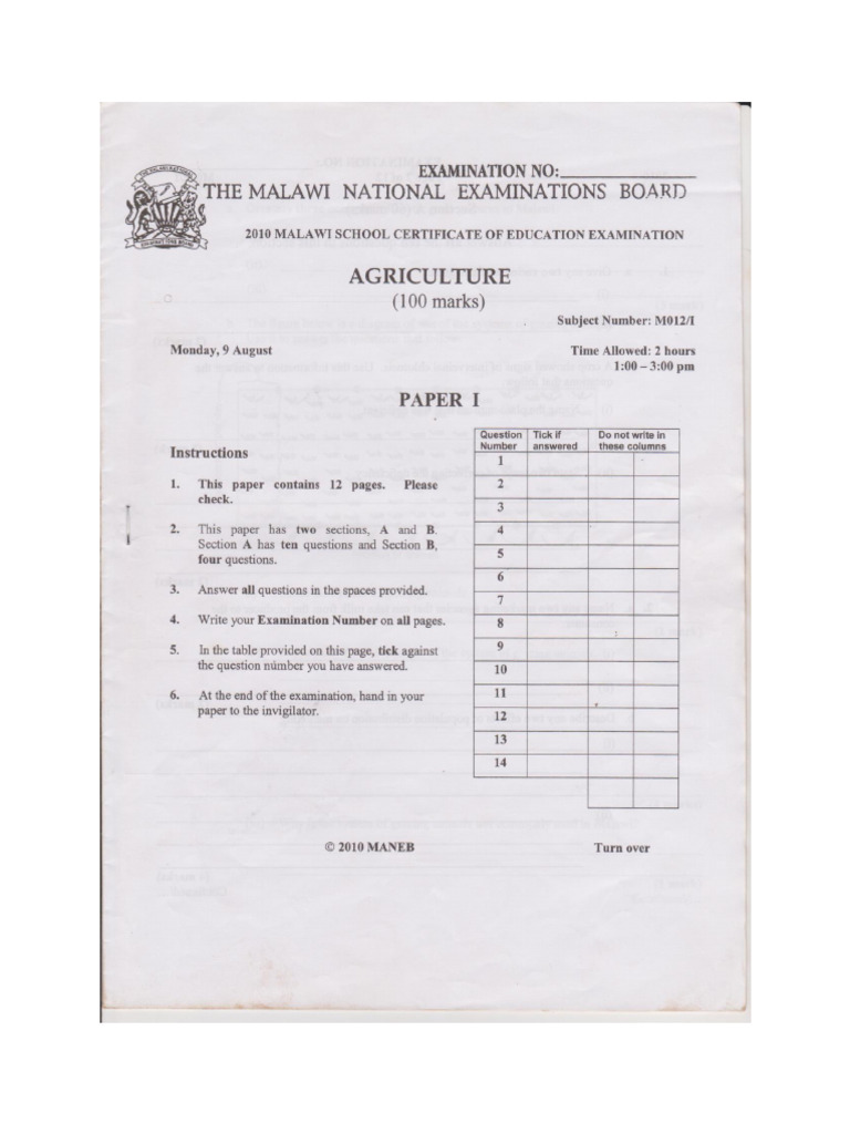 2010 Agriculture Paper 1 030311 | PDF