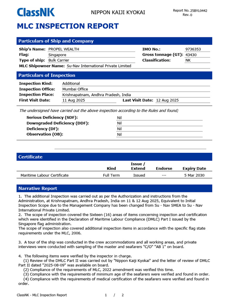 MLC & ISM Inspection Report 2025 | PDF | Sailor | Shipping