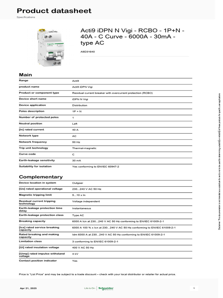 Schneider Electric - iDPN-Vigi - A9D31640 | PDF | Alternating Current ...