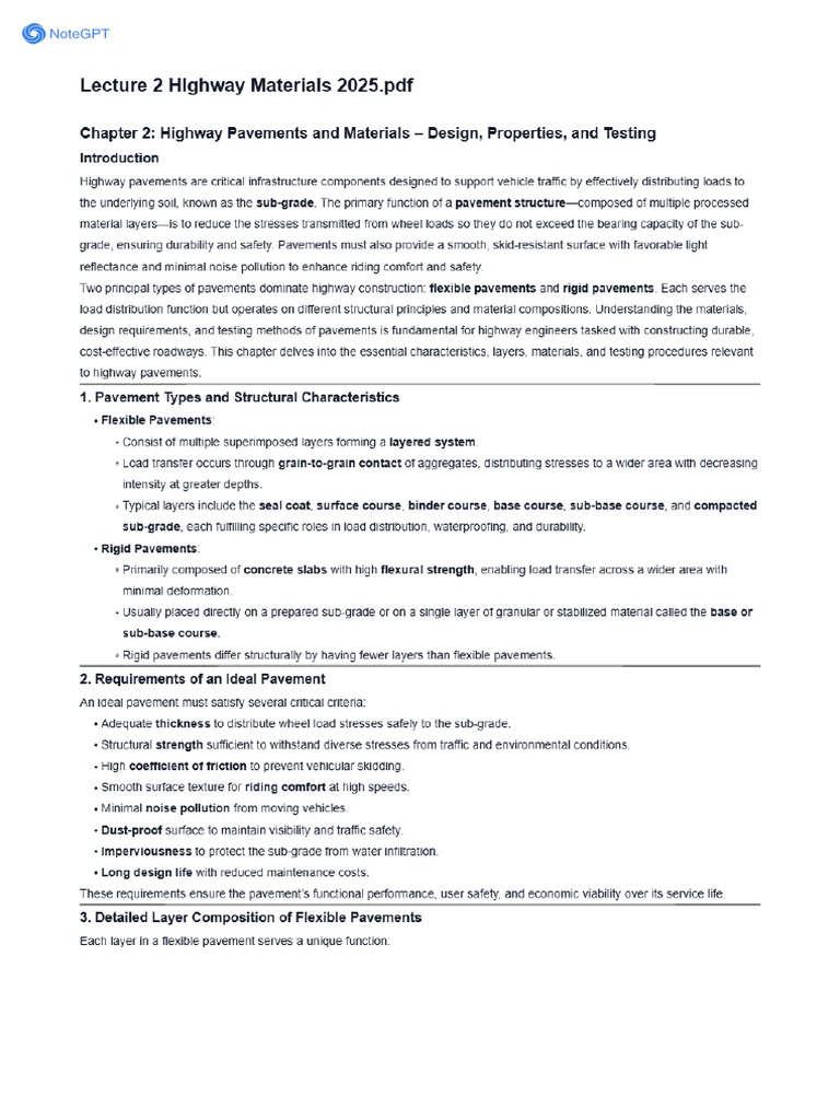 NoteGPT - Summary - Lecture 2 HIghway Materials 2025 | PDF