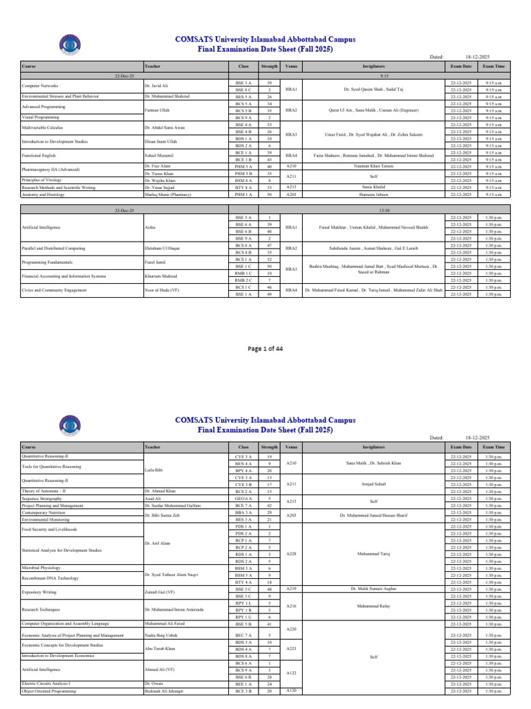 COMSATS Abbottabad Fall 2025 Exam Schedule | PDF