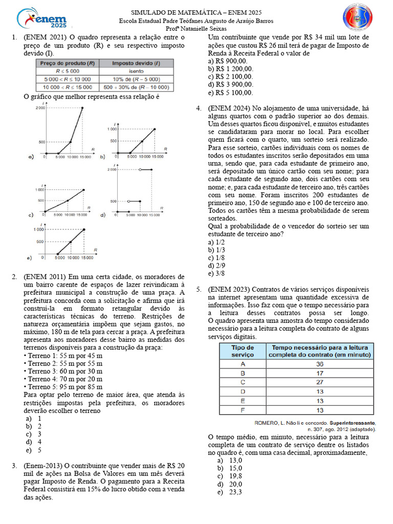 Simulado Matemática ENEM 2025: Questões e Respostas | PDF ...