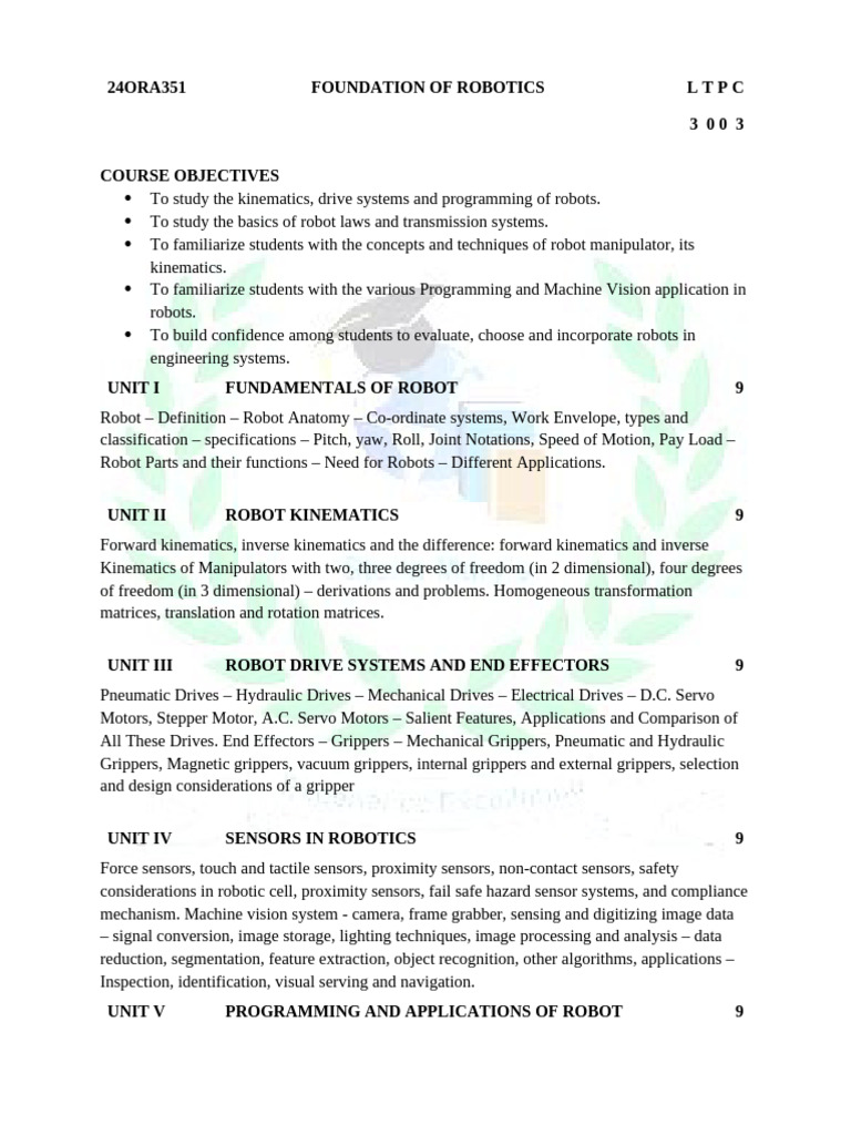 Foundation of Robotics Course Overview | PDF | Robotics | Robot
