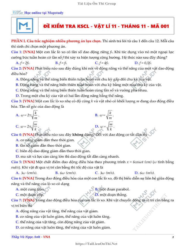 1. Đề Kiểm Tra KSCL - Vật Lí 11 - Tháng 11 | PDF