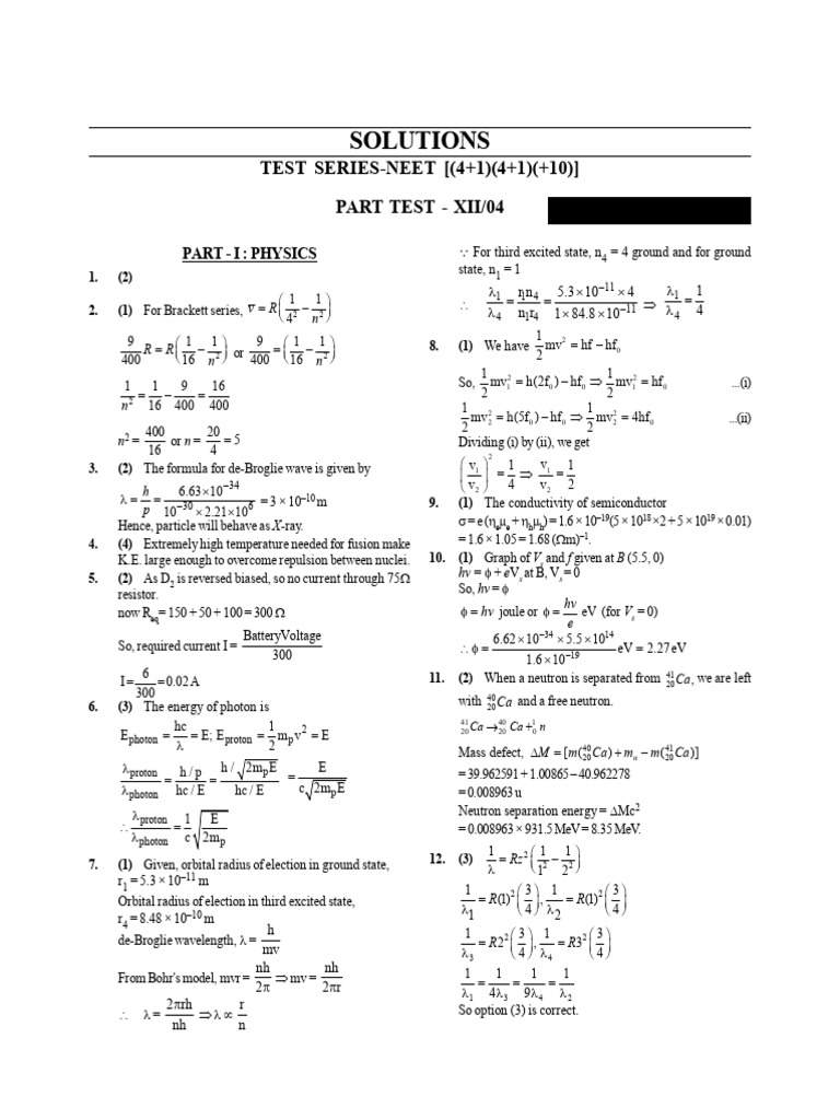 NEET Physics Solutions for Test XII/04 | PDF | Electronvolt | Applied ...
