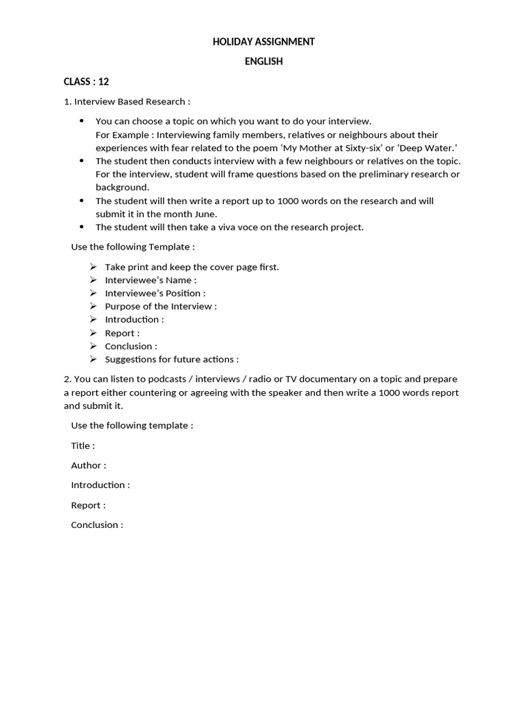 Class 12 English Holiday Assignment Guide | PDF