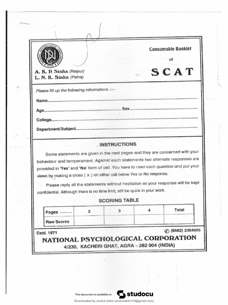 SCAT Questionnaire | PDF