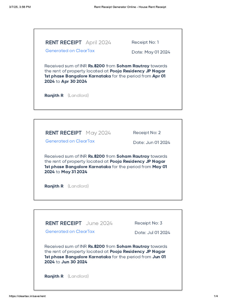 Monthly Rent Receipts for Pooja Residency | PDF