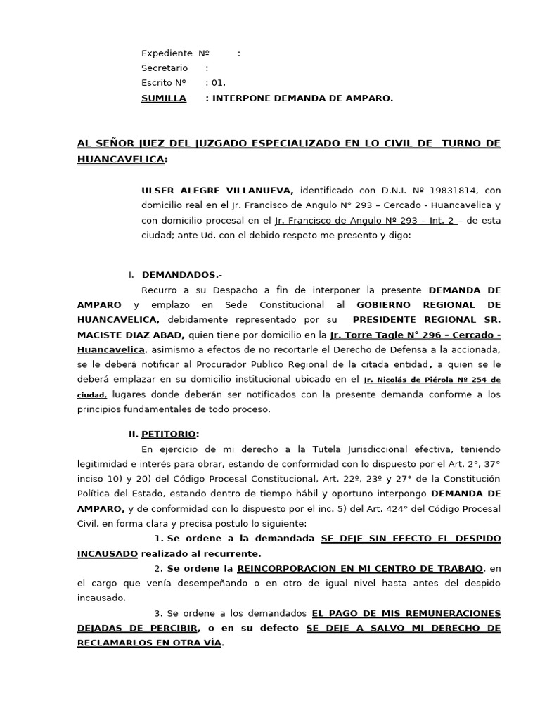 Demanda de Amparo por Despido Incausado | PDF | Caso de ley | Debido al ...