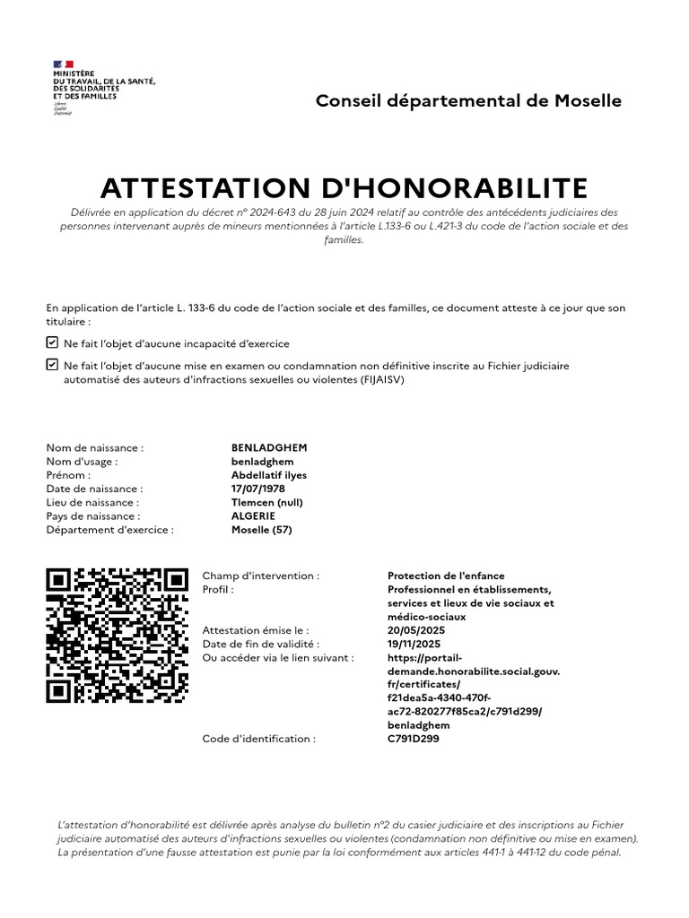 Attestation d'honorabilité Moselle 2025 | PDF | Justice | Crime et violence