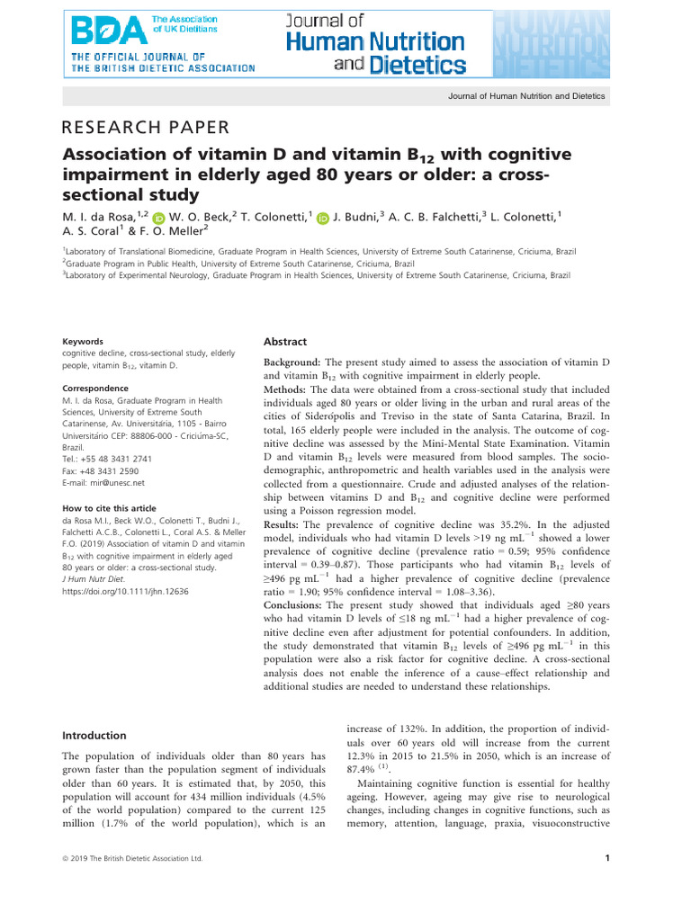 Vitamin D & B12 Impact on Elderly Cognition | PDF | Vitamin D | Dementia