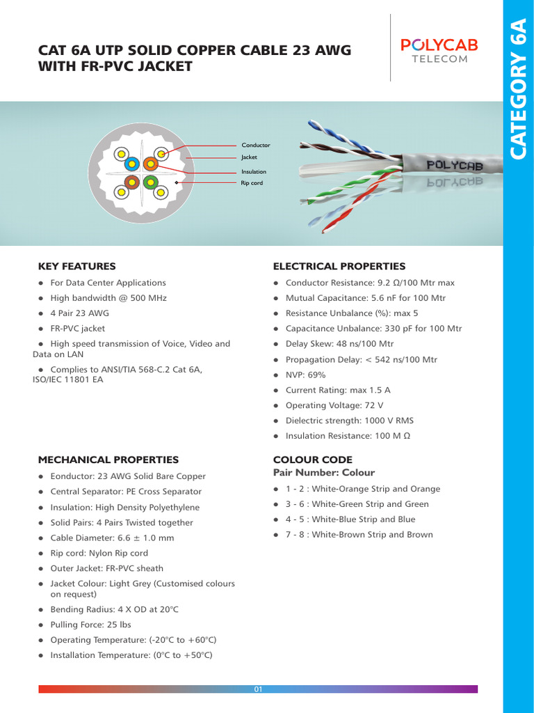 CAT 6A UTP Solid Copper Cable Specs | PDF | Telecommunications ...