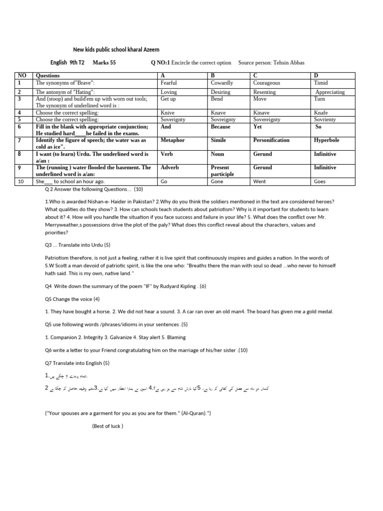 9th Grade English Exam Practice Questions | PDF | Syntax | Grammar