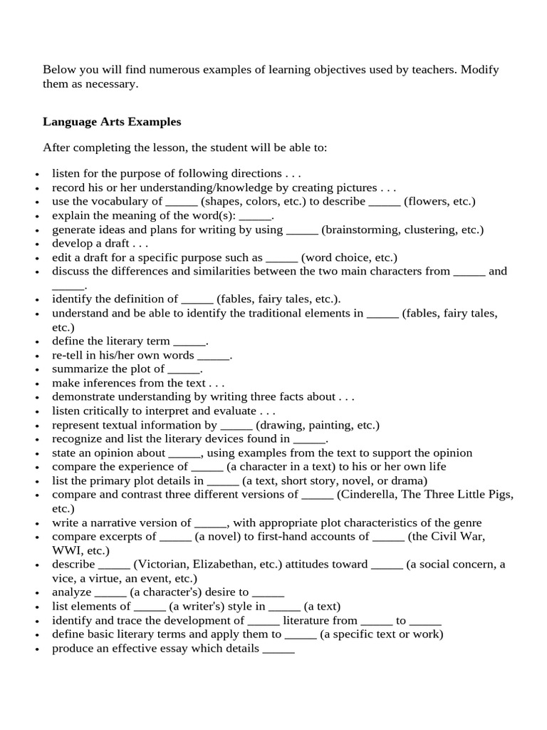 Language Arts Learning Objectives Examples | PDF | Fairy Tales | Essays