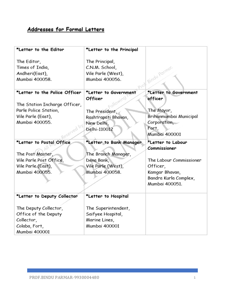 Formal Letter Address Examples | PDF
