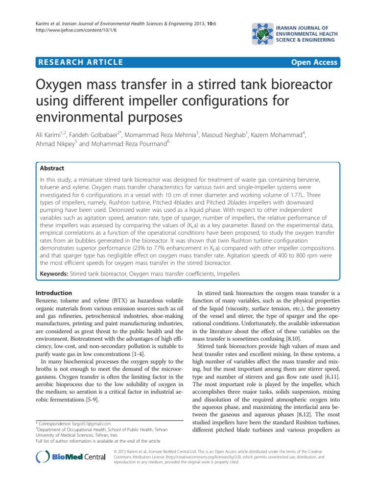 Oxygen Mass Transfer in A Stirred Tank Bioreactor Karimi2013 | PDF ...