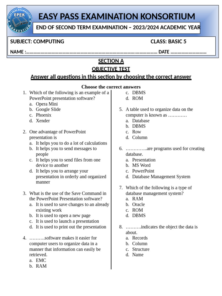 Basic 5 Computing and Creative Arts Exam | PDF | Mosquito | Rectangle