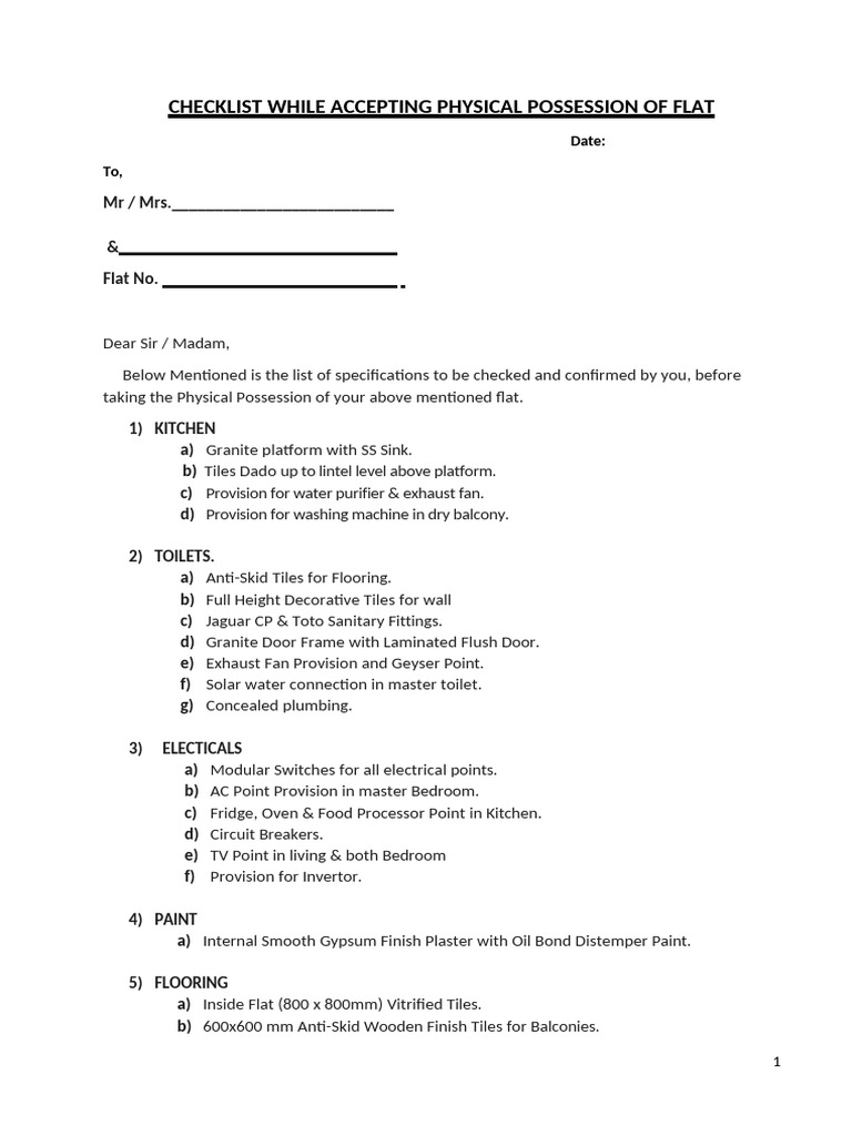 Flat Possession Checklist Template | PDF