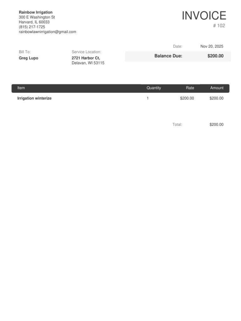 Invoice for Irrigation Winterization | PDF
