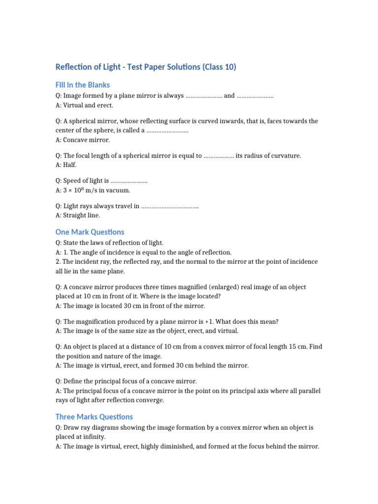 Class 10 Light Reflection Test Solutions | PDF | Mirror | Optics