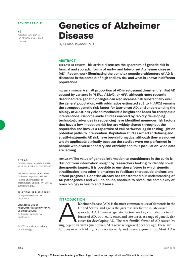 Genetic Insights into Alzheimer Disease | PDF | Apolipoprotein E ...